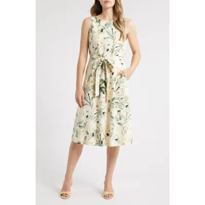 Anne Klein Women's Linen Blend Floral-print Tie-waist Sleeveless Dress In White Dove Multi