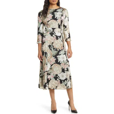 Anne Klein Floral Long Sleeve Belted Midi Dress In Black/crema Multi