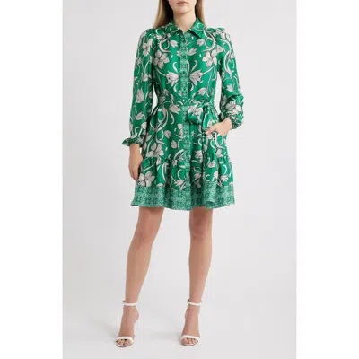 Anne Klein Floral Long Sleeve Tiered Shirtdress In Green Clove Multi