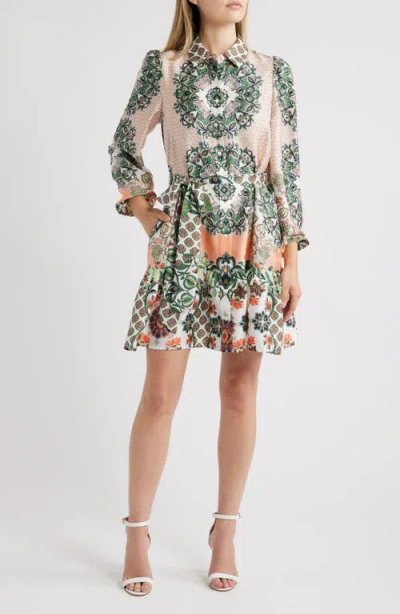 Anne Klein Floral Long Sleeve Tiered Shirtdress In Cerise,chestnut