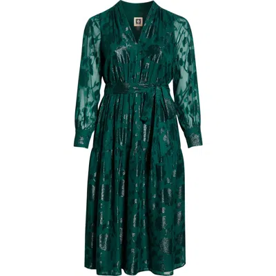 Anne Klein Floral Metallic Long Sleeve Asymmetric Tiered Dress In Green
