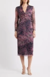 Anne Klein Floral Metallic Stripe Long Sleeve Midi Dress In Pink