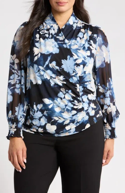 Anne Klein Floral Mixed Media Faux Wrap Blouse In Black