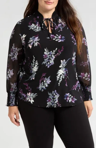 Anne Klein Floral Pleat Neck Chiffon Sleeve Top In Anne Black Multi