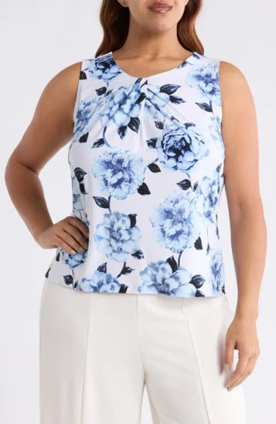 Anne Klein Floral Pleat Neck Top In Blue