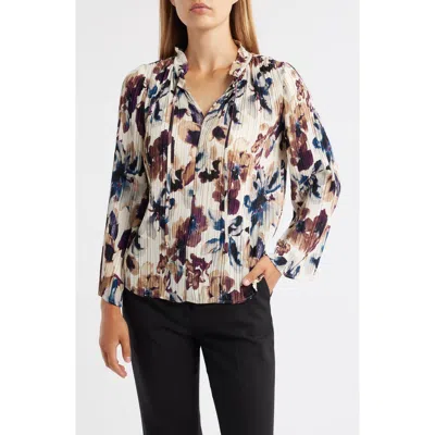 Anne Klein Floral Pleated Tie Neck Top In Multi