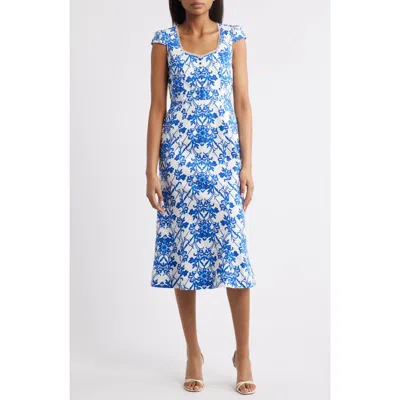 Anne Klein Floral Print Cap Sleeve Midi Dress In Blue