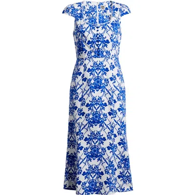 Anne Klein Floral Print Cap Sleeve Midi Dress In Palace Blue/pearl Whit