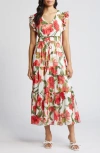 Anne Klein Drawstring Maxi Dress In Hibiscus Red/white Multi