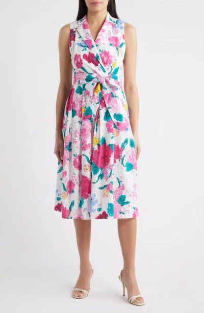 Anne Klein Floral Print Eyelet Midi Wrap Dress In Multi