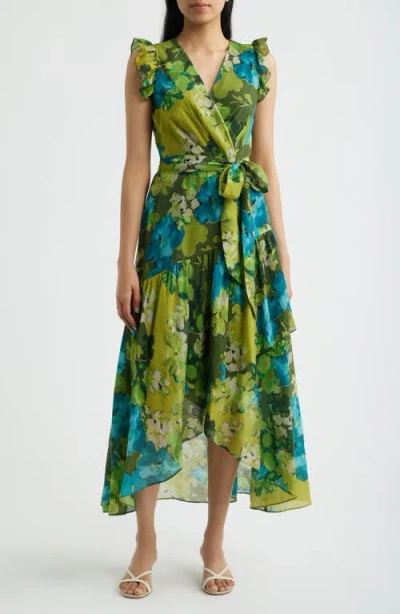 Anne Klein Floral Print Faux Wrap Midi Dress In Green