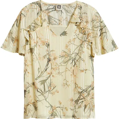 Anne Klein Floral Print Flutter Sleeve Chiffon Top In Neutral