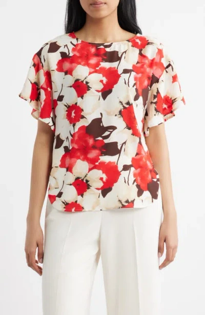 Anne Klein Floral Print Flutter Sleeve Top In Multi