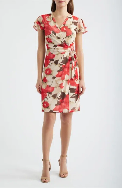 Anne Klein Floral Print Flutter Sleeve Wrap Dress In Multi