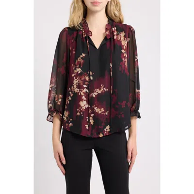 Anne Klein Womens Ruffle Neck Tie Front Floral Blouse In Multi