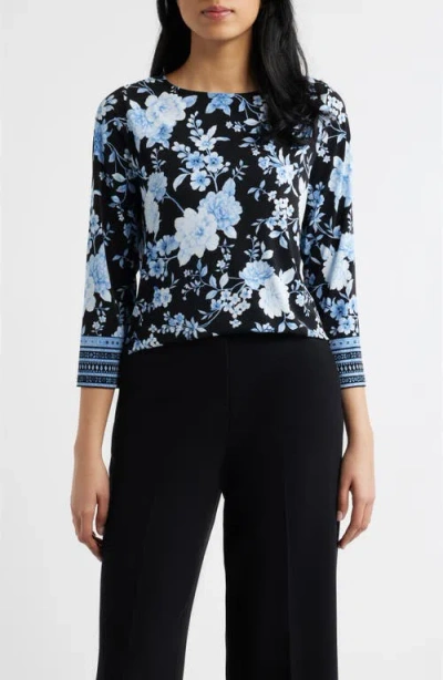 Anne Klein Floral Print Border Top In Blue