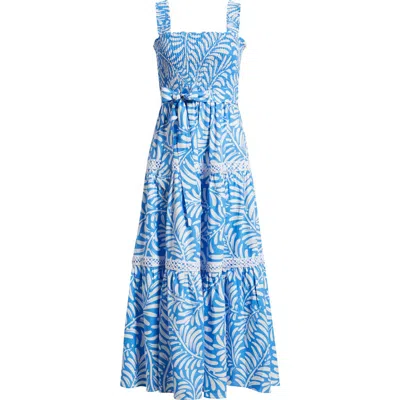 Anne Klein Floral Print Linen Blend Midi Dress In Blue