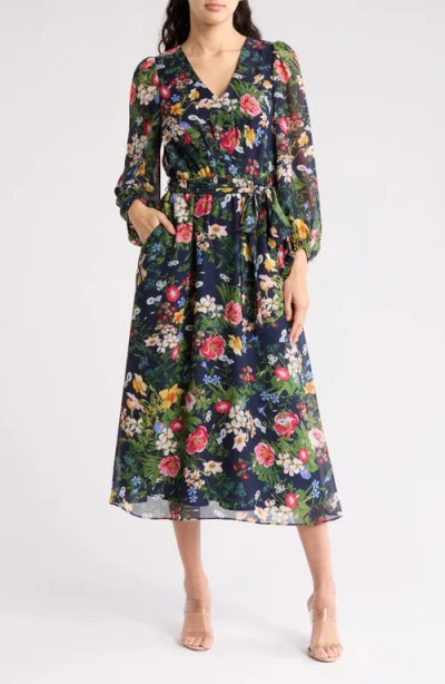 Anne Klein Floral Print Long Sleeve Chiffon Midi Dress In Distant Mountain Multi
