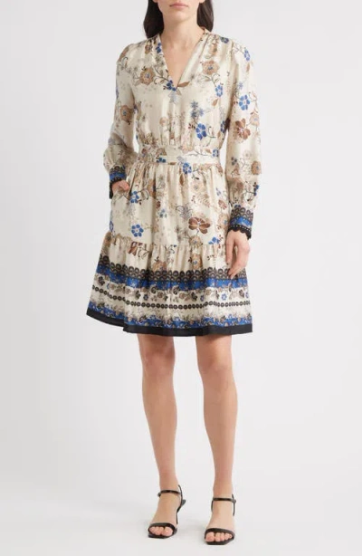 Anne Klein Floral Print Long Sleeve Minidress In Multi