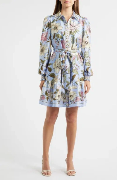 Anne Klein Floral Print Long Sleeve Satin Shirtdress In Blue