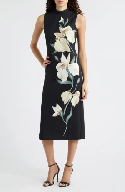 Anne Klein Floral Print Mock Neck Midi Dress In Black