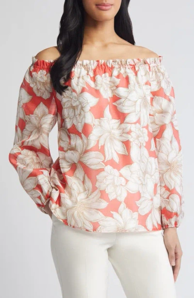 Anne Klein Floral Print Off The Shoulder Top In Red Pear/ Bright White Multi