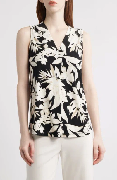 Anne Klein Floral Print Pleat Front Shell In Anne Black Multi