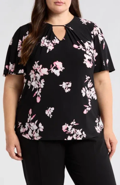 Anne Klein Plus Size Pleat-neck Short-bell-sleeve Blouse In Anne Black Multi