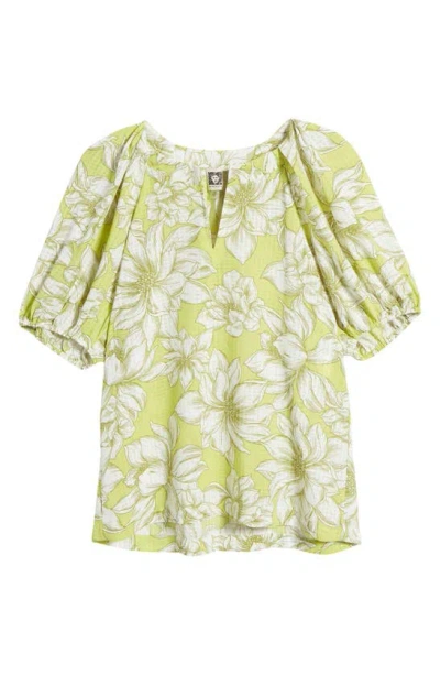 Anne Klein Floral Print Puff Sleeve Top In Sprout/ Bright White Multi