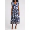 Anne Klein Floral Print Ruffle Tie Waist Maxi Dress In Distant Mountain Multi