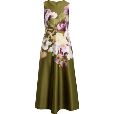 Anne Klein Floral Print Sleeveless Satin Midi Dress In Green