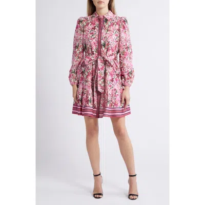 Anne Klein Floral Print Tie Waist Long Sleeve Shirtdress In Carmine Rose Multi
