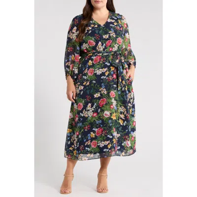 Anne Klein Floral Print Tie Waist Midi Dress In Multi