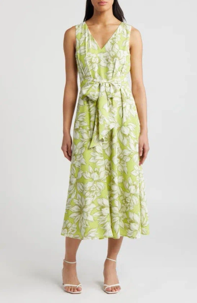 Anne Klein Floral Print Tie Waist Sleeveless Midi Dress In Sprout/ Bright White Multi