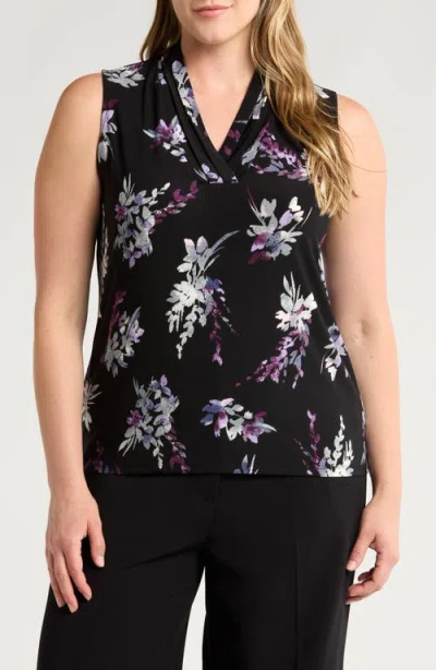 Anne Klein Floral Print Triple Pleat V-neck Top In Anne Black Multi