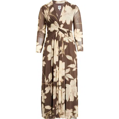 Anne Klein Floral Print Twist Front Long Sleeve Maxi Dress In Brown