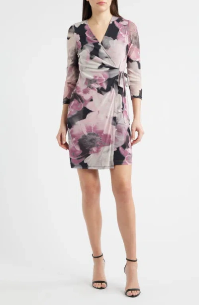 Anne Klein Floral Print Wrap Minidress In Multi