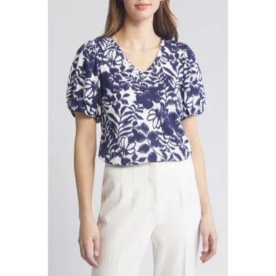 Anne Klein Floral Puff Sleeve T-shirt In Blue/white
