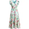 Anne Klein Floral Ruffle Drawstring Waist Dress In Eggshell Blue Multi