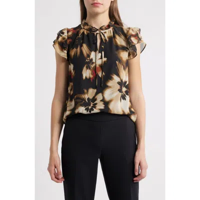 Anne Klein Floral Ruffle Sleeve Tie Neck Top