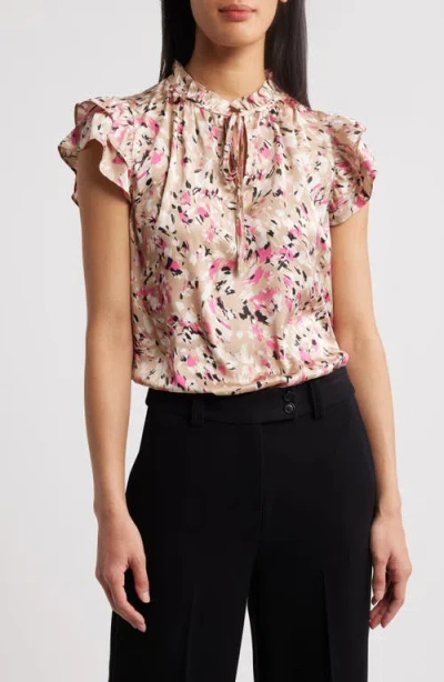 Anne Klein Floral Ruffle Sleeve Tie Neck Top In Latte Multi