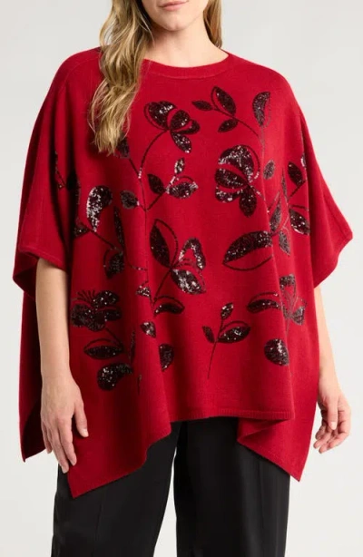 Anne Klein Floral Sequin Poncho In Titian Red