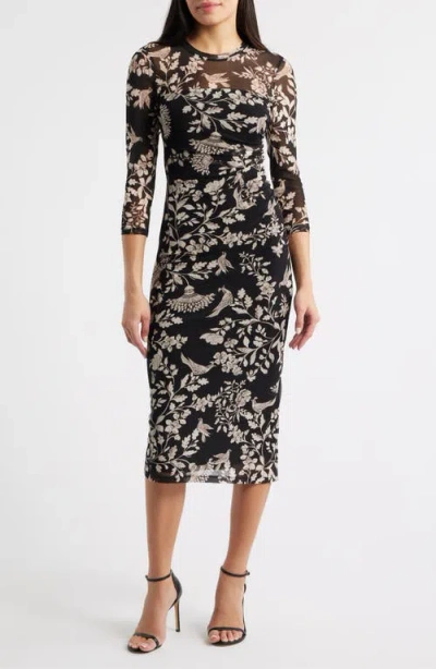 Anne Klein Floral Side Ruched Mesh Midi Dress In Black