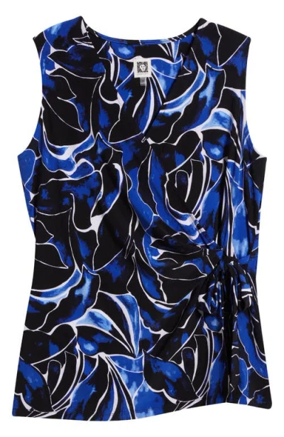 Anne Klein Floral Sleeveless Knit Wrap Top In Santorini Blue Multi