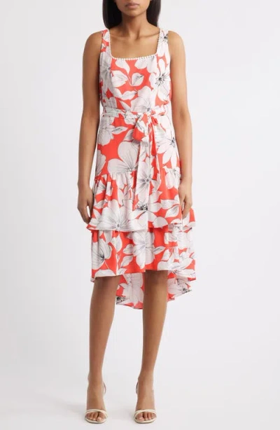 Anne Klein Floral Sleeveless Tiered High Low Midi Dress In Multi