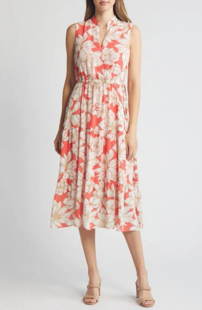 Anne Klein Floral Sleeveless Tiered Midi Dres In Red Pear/ Bright White Multi