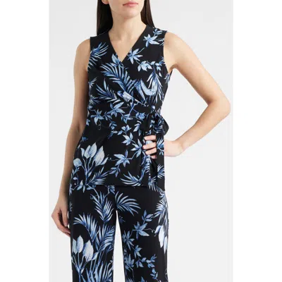 Anne Klein Floral Sleeveless Wrap Top In Black