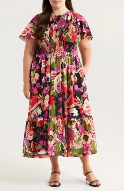 Anne Klein Floral Smocked Flutter Sleeve Cotton Maxi Dress