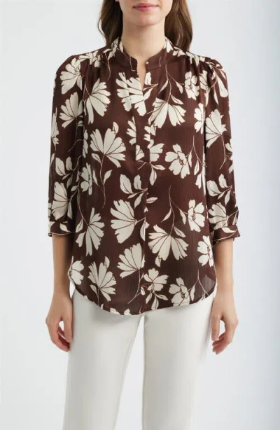 Anne Klein Floral Split Neck Top In Brown