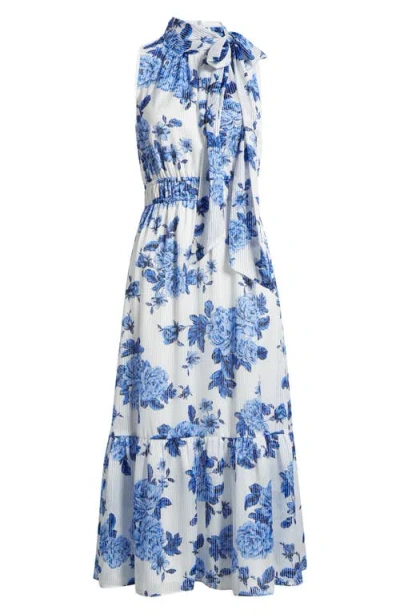Anne Klein Floral Stripe Mock Neck Midi Dress In Multi
